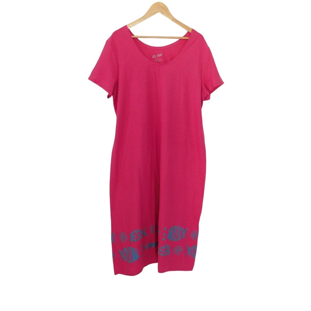 NEW M Mac Midi Dress T Shirt Scoop Neck Pink Rock Fish Boarder Size 1X